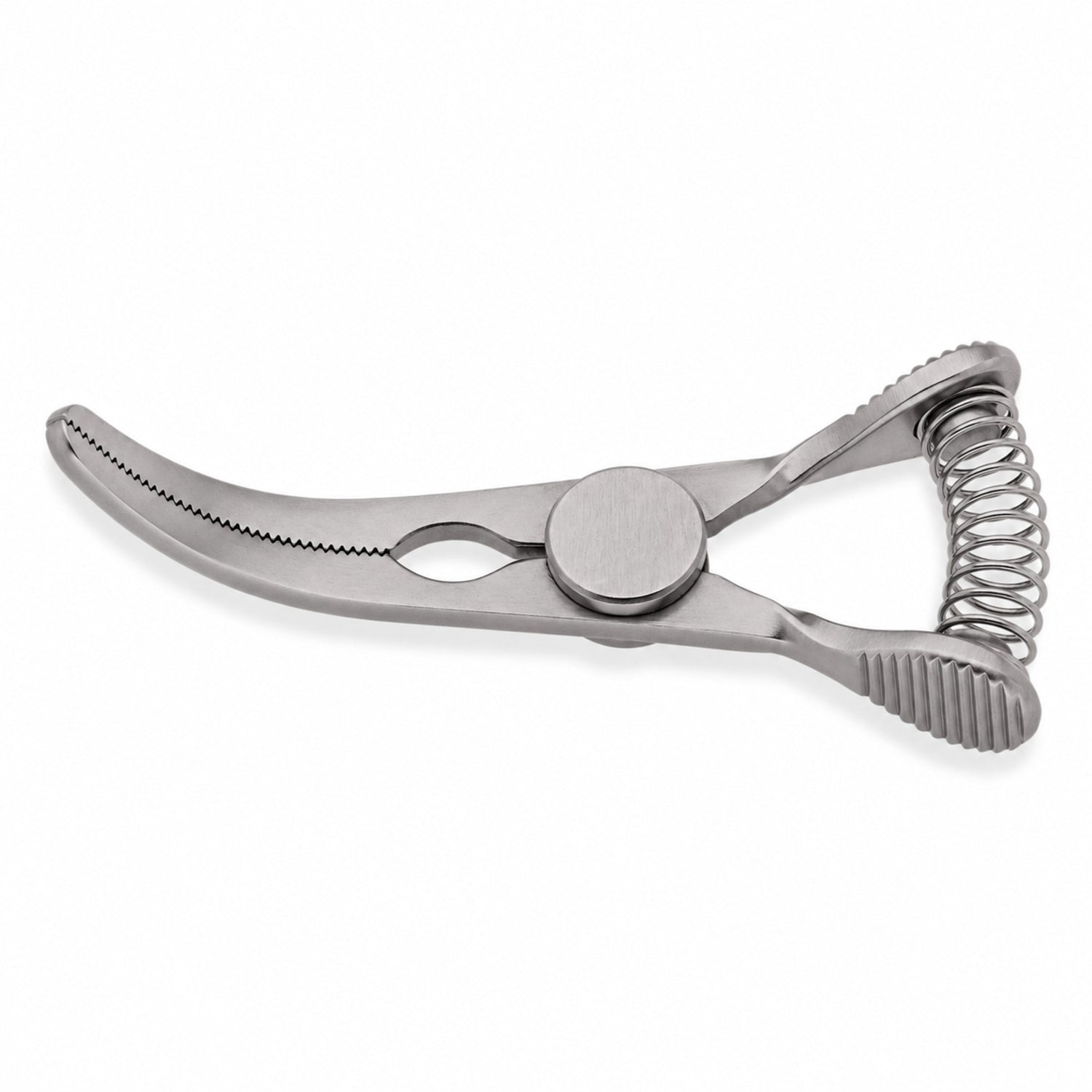 DeBakey Glover Bulldog Clamp – Curved, 15 mm Jaw — catalogue illustration on white background