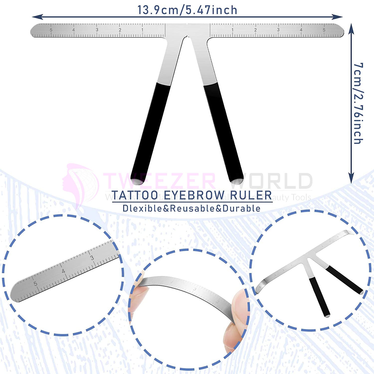 3 Pieces Tattoo Eyebrow Ruler 3-Point Positioning Silver Eyebrow Ruler