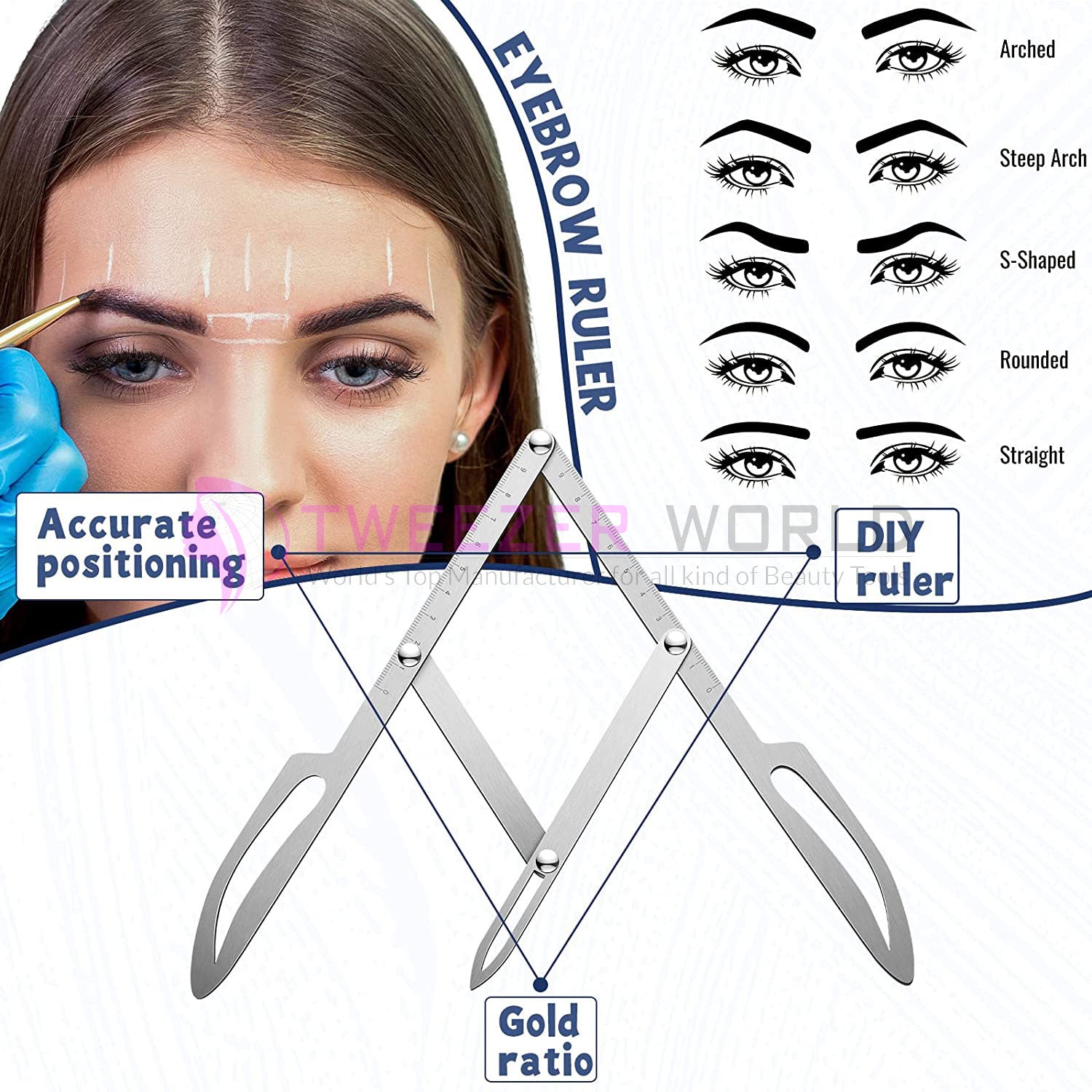 3 Pieces Tattoo Eyebrow Ruler 3-Point Positioning Silver Eyebrow Ruler