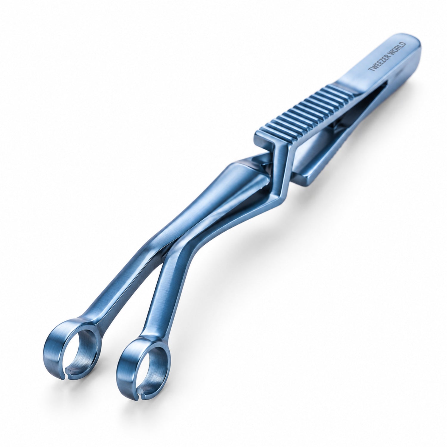 French-Type Shunt Bulldog Clamp – Angled Ring Jaw, Blue Finish — front perspective catalogue illustration