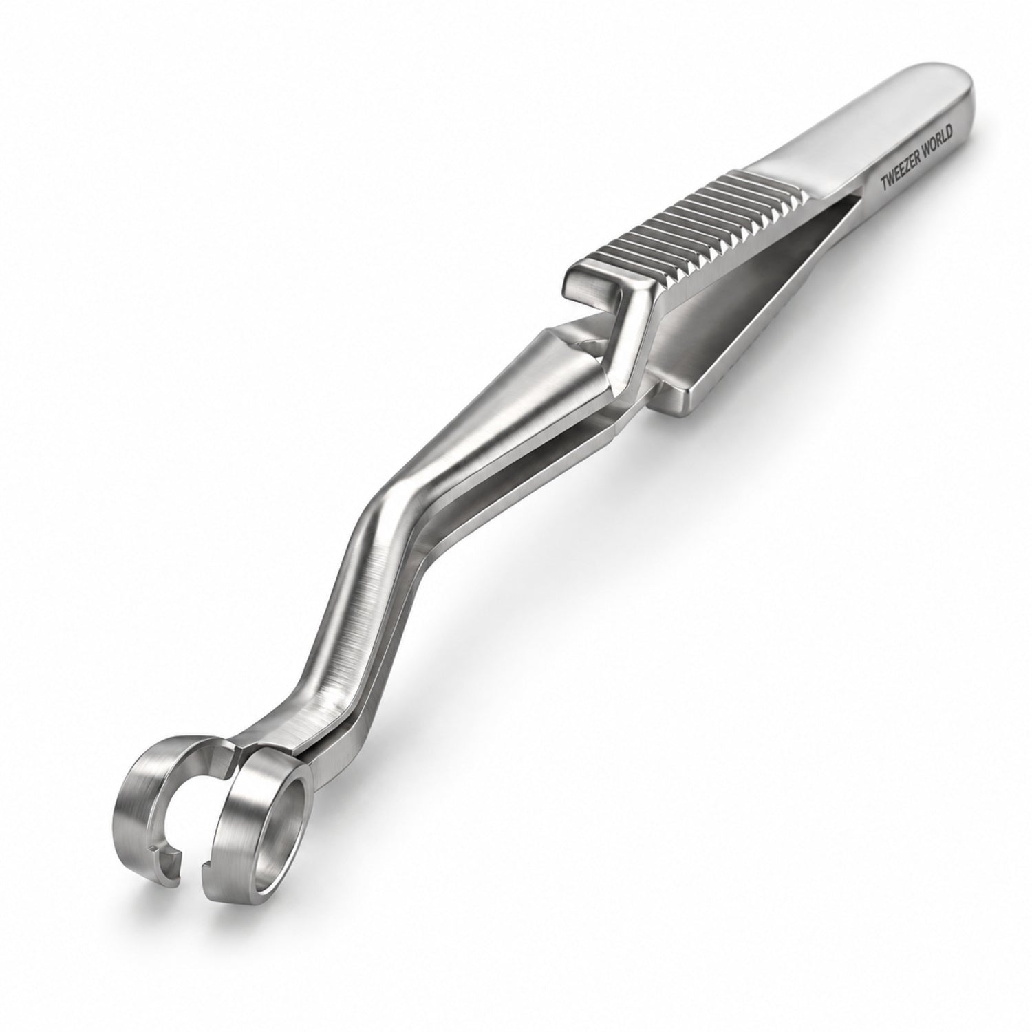 French-Type Shunt Bulldog Clamp – Angled Ring Jaw, Silver Finish — front perspective catalogue illustration
