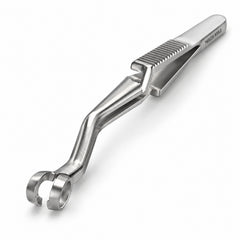 French-Type Shunt Bulldog Clamp – Angled Ring Jaw, Silver Finish — front perspective catalogue illustration