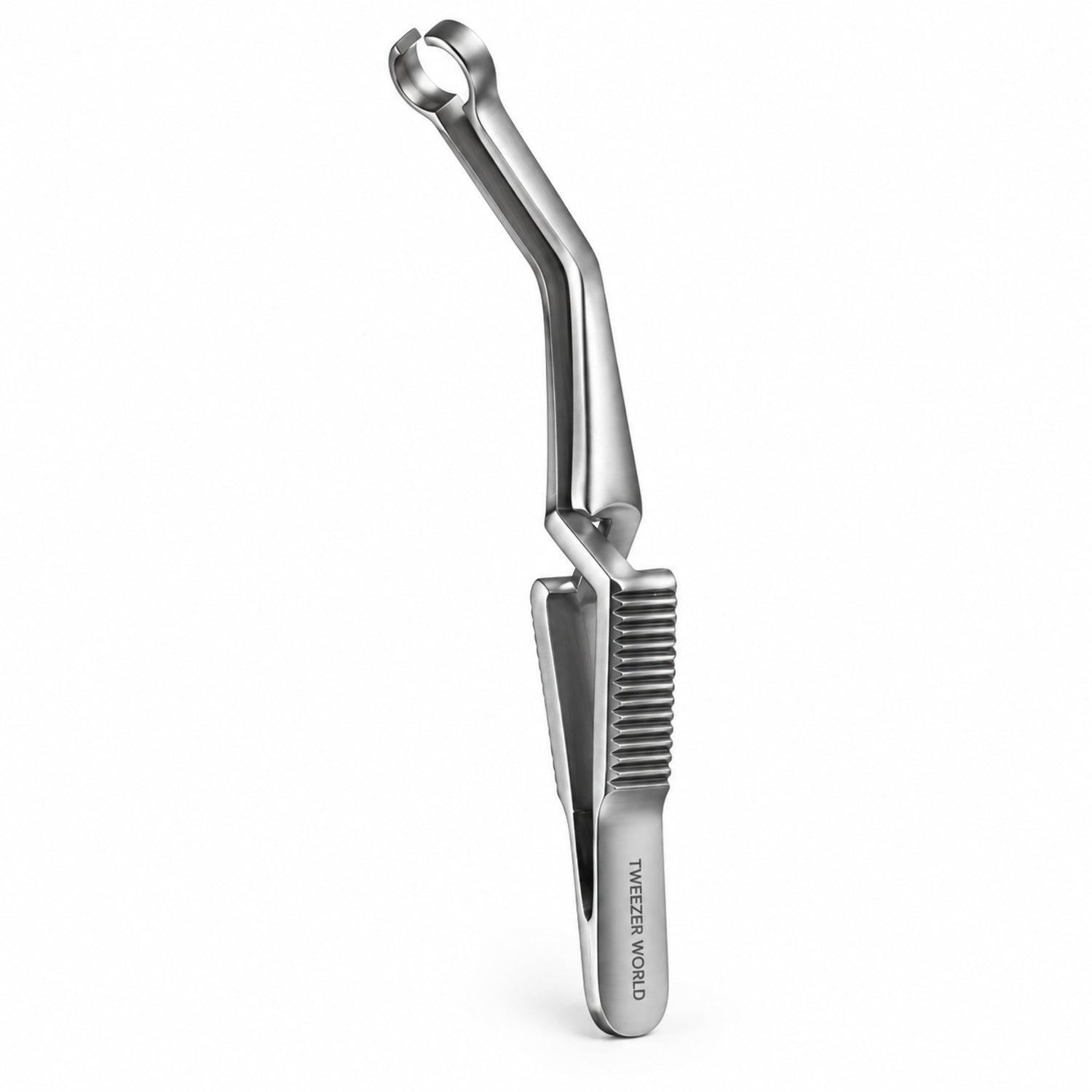 French-Type Shunt Bulldog Clamp – Angled Ring Jaw, Silver Finish — reverse three-quarter catalogue illustration