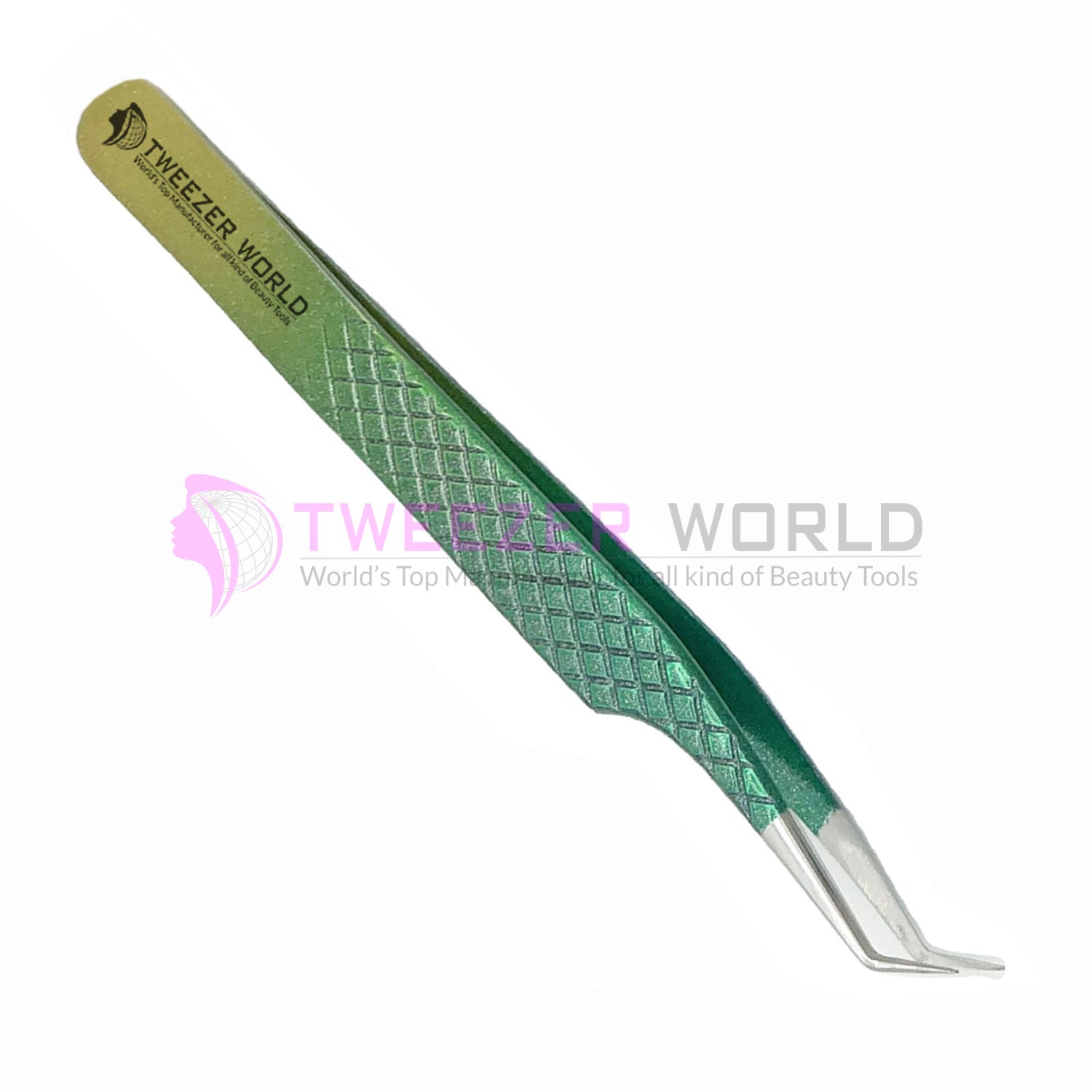 45 Degree Angled Diamond Grip Multiple Green Eyelash Tweezers