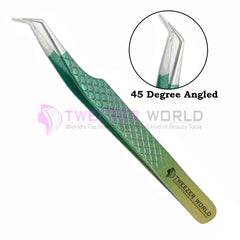 45 Degree Angled Diamond Grip Multiple Green Eyelash Tweezers