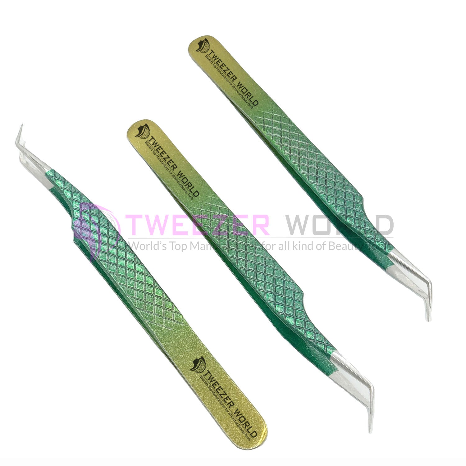 45 Degree Angled Diamond Grip Multiple Green Eyelash Tweezers