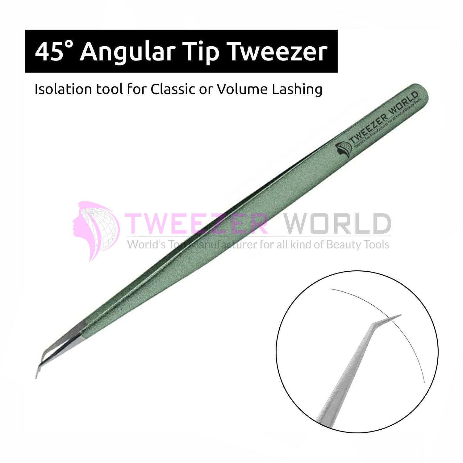 45 Degree Angled Isolation Green Handle Best Eyelash Tweezers