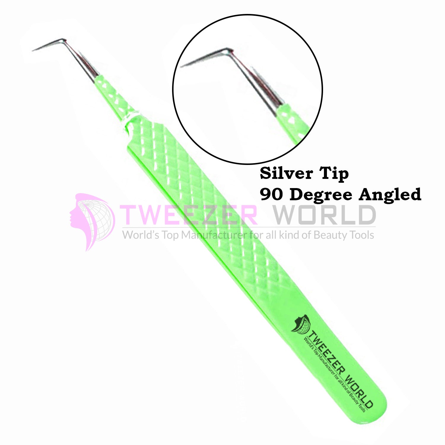 90 Degree Diamond Grip Green Handle Eyelash Extension Tweezers