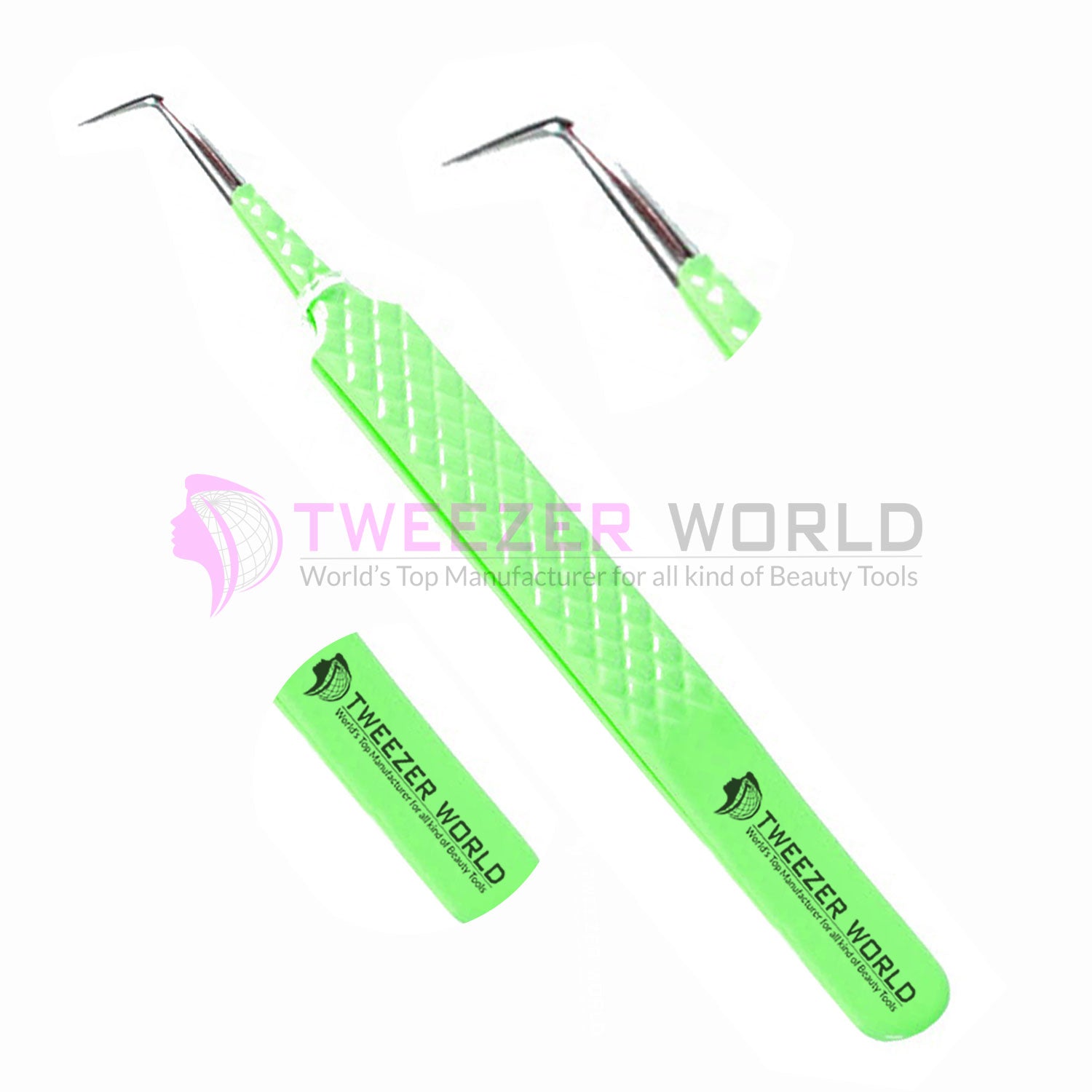 90 Degree Diamond Grip Green Handle Eyelash Extension Tweezers