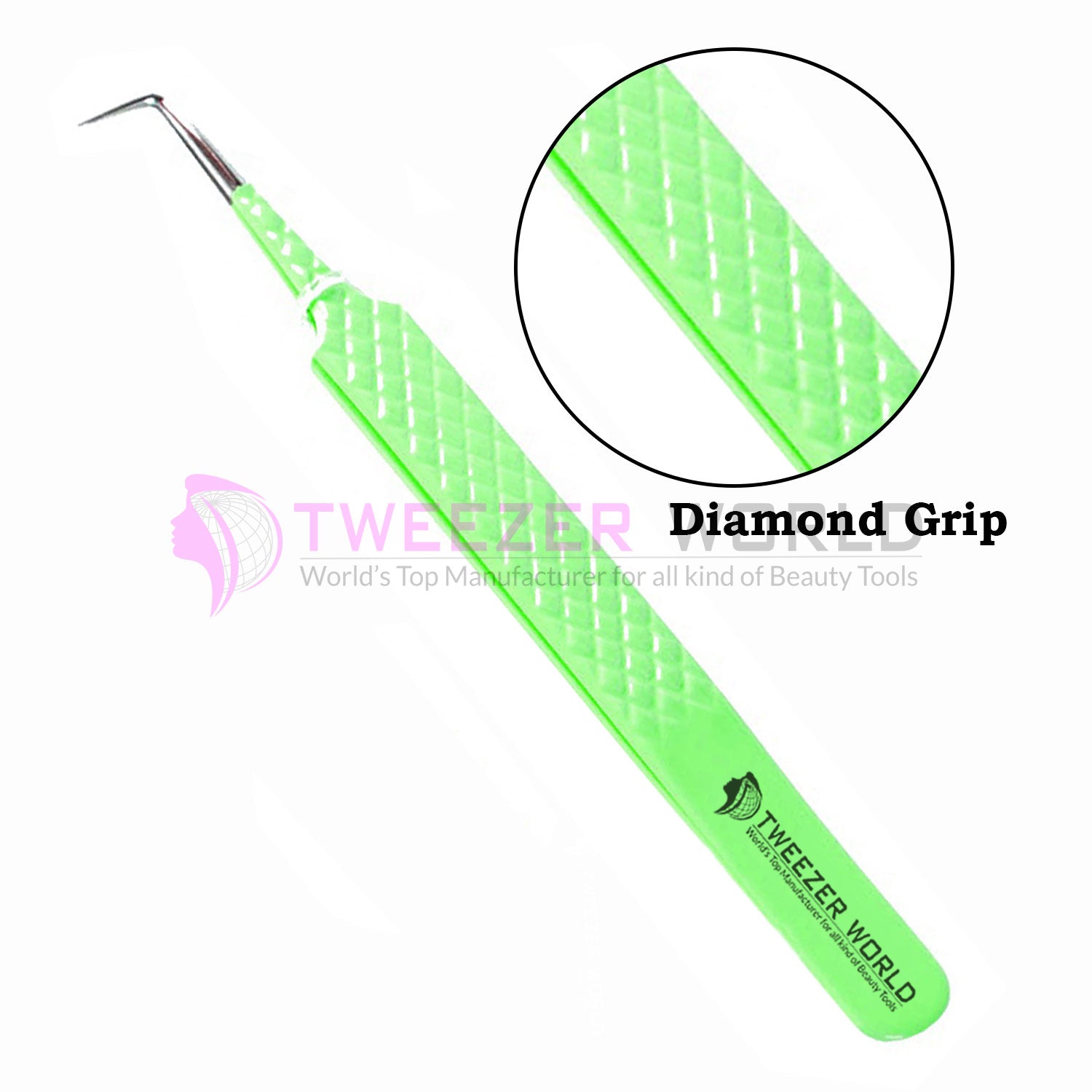 90 Degree Diamond Grip Green Handle Eyelash Extension Tweezers