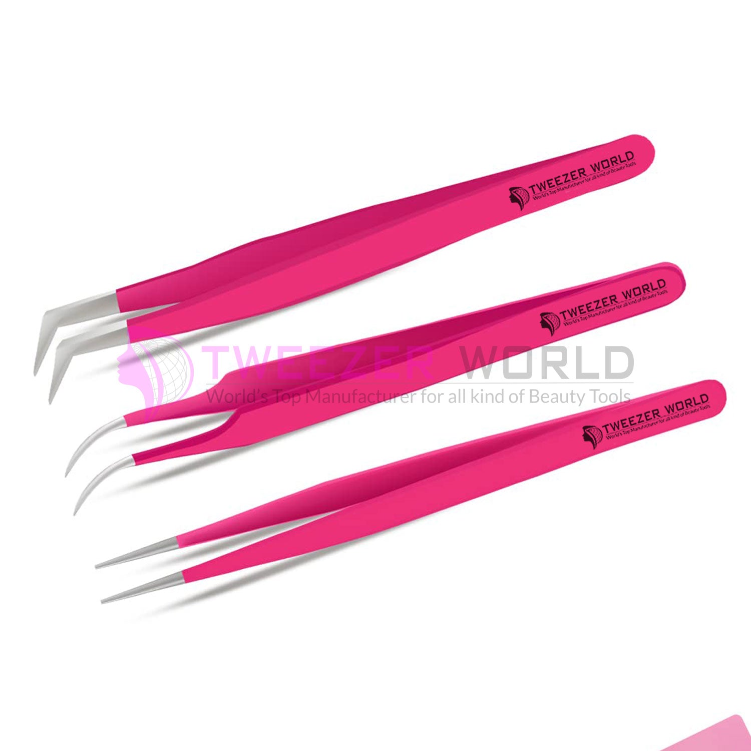 3pcs Premium Hot Pink Best Eyelash Extension Tweezers Set