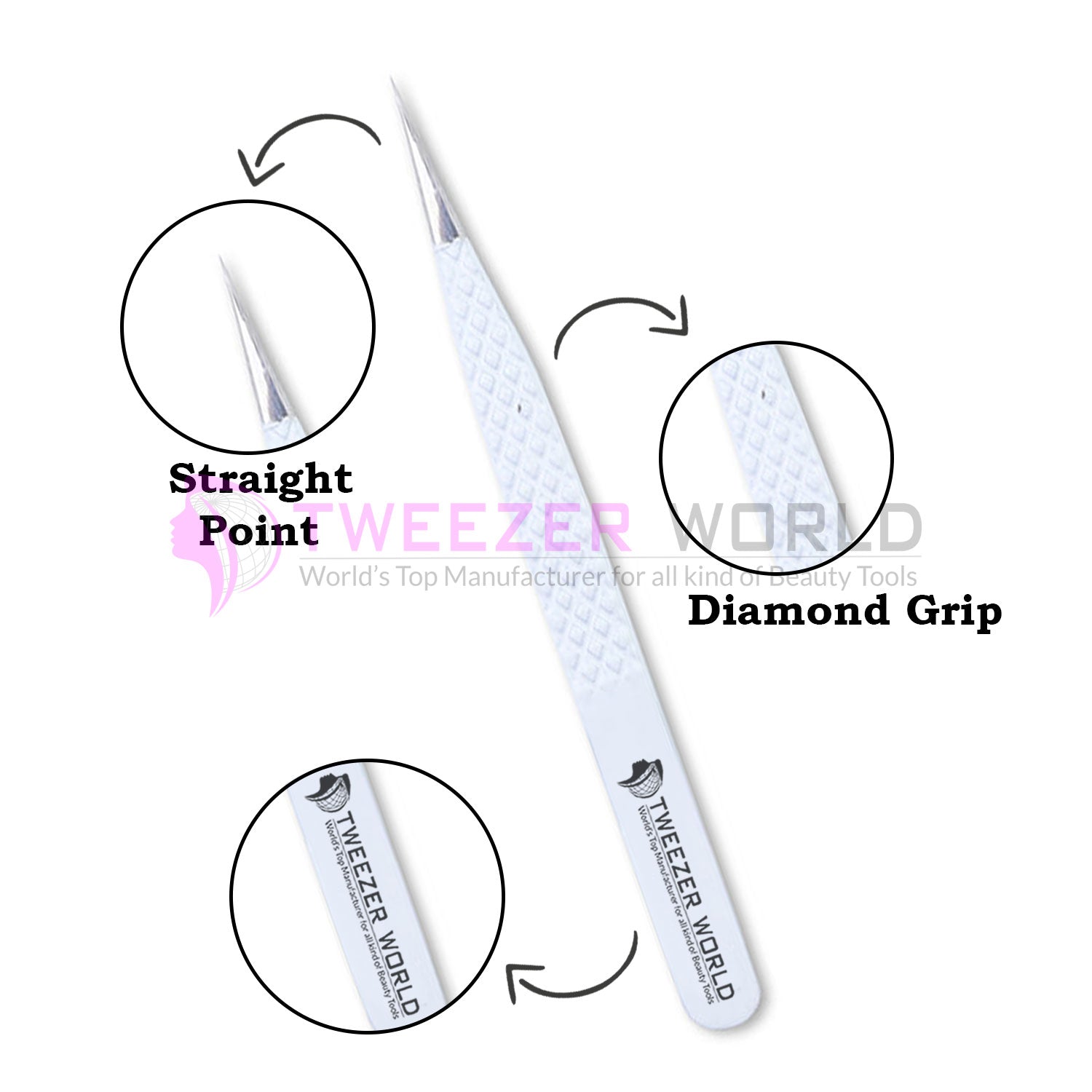 Diamond Grip Needle Nose Tip White Handle Straight Isolation Tweezers