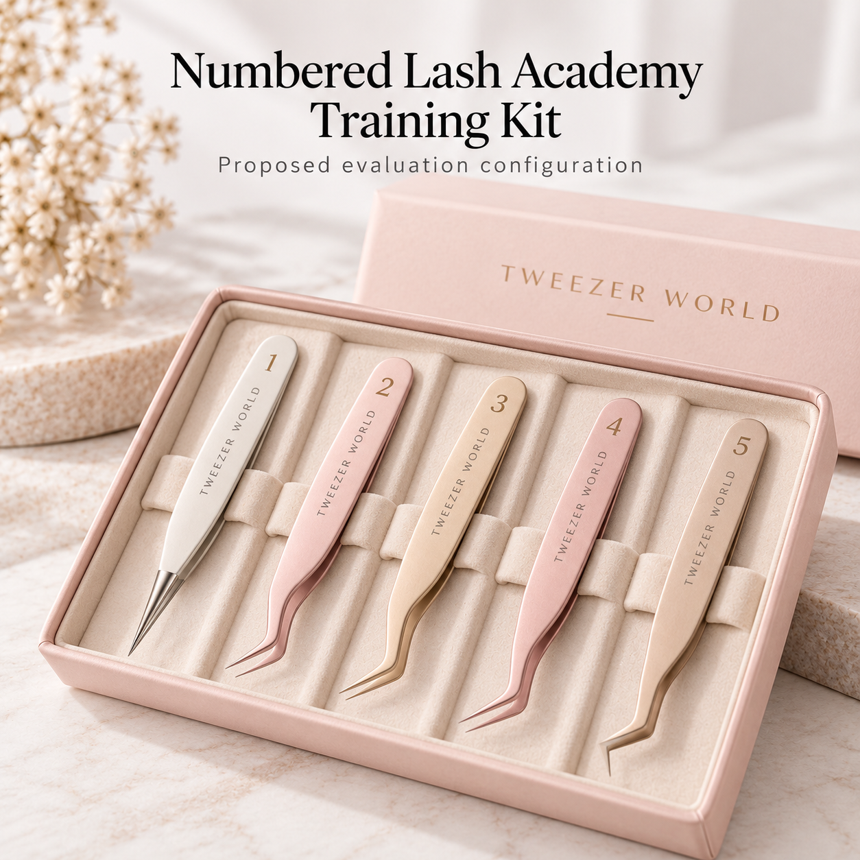 Numbered Lash Academy Training Kit — proposed configuration (AI-generated concept illustration, not verified production product)