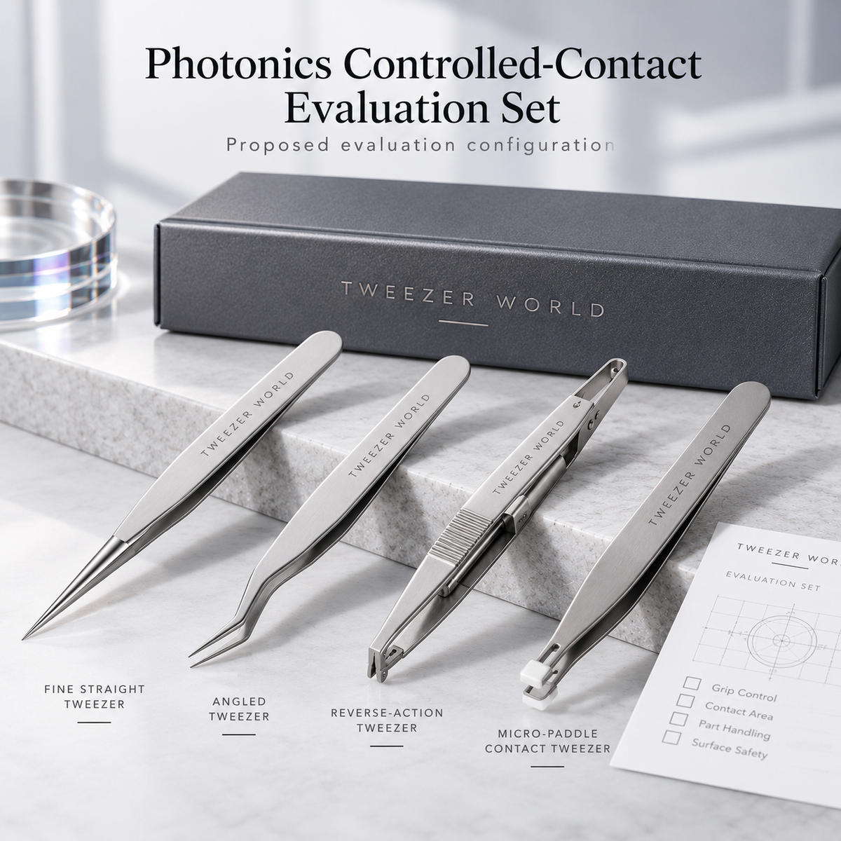 Photonics Controlled-Contact Evaluation Set — proposed configuration (AI-generated concept illustration, not verified production product)