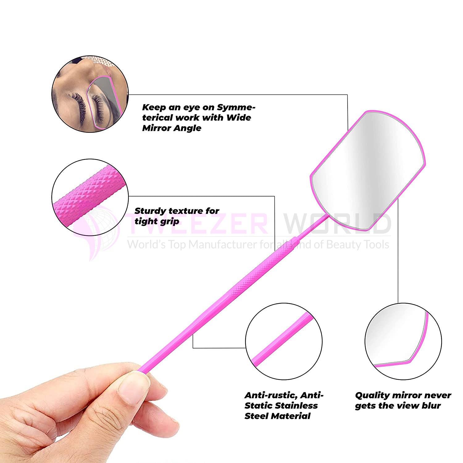 Professional Universal Eyelash Mirror Pink Handle For Eyelash Extensions