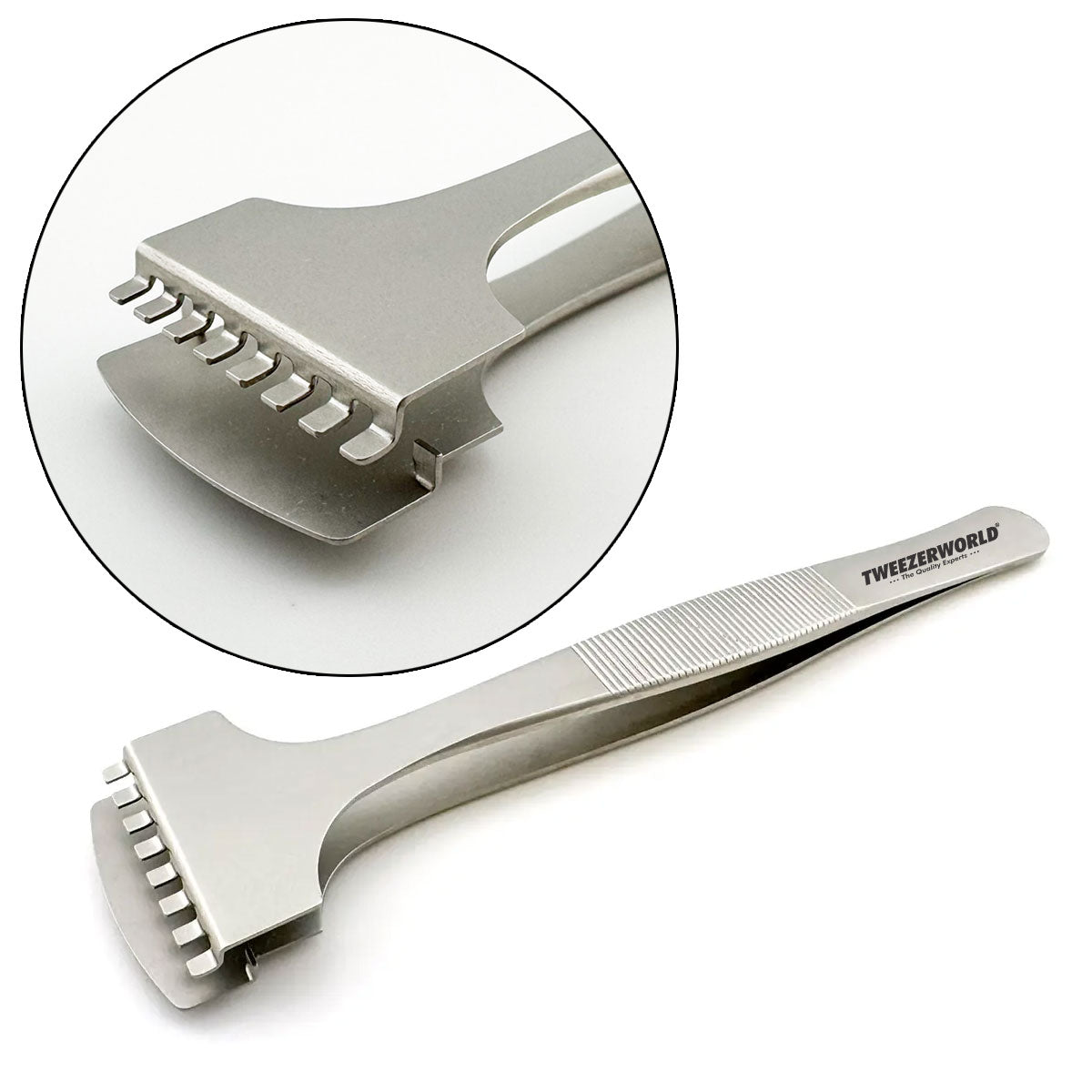 Semiconductor wafer handling tweezers with eight upper contact tabs and broad solid lower paddle