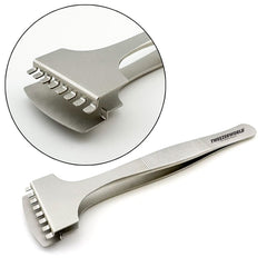 Semiconductor wafer handling tweezers with eight upper contact tabs and broad solid lower paddle
