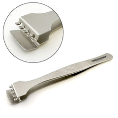 Semiconductor wafer handling tweezers with five upper contact tabs and broad solid lower paddle