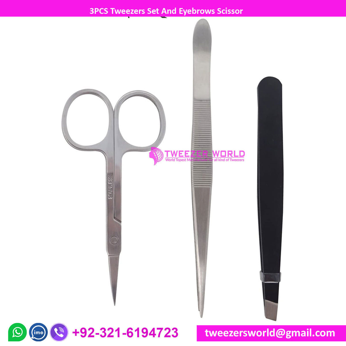 3PCS Tweezers Set Point and Slant Stainless Steel Tweezers and Scissor