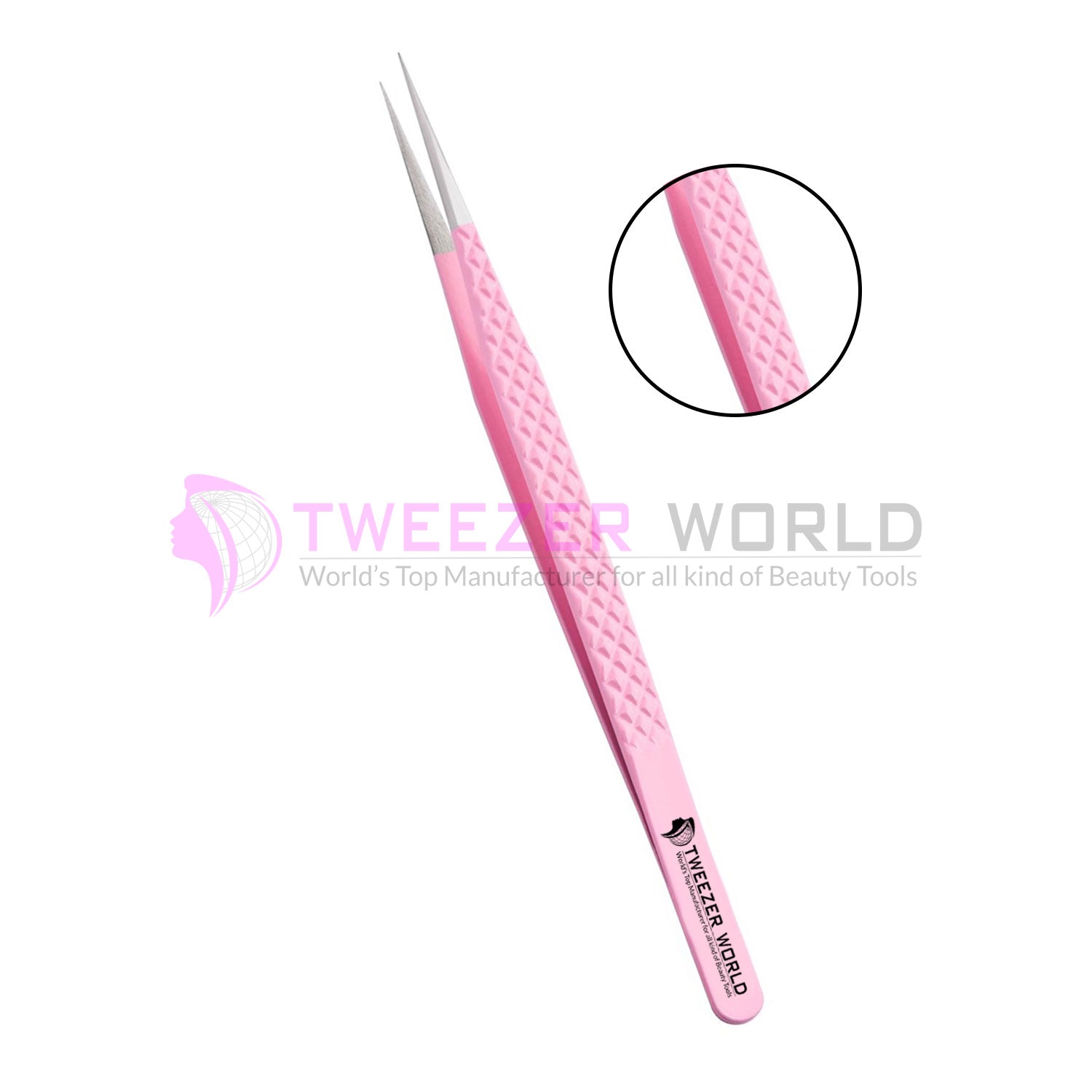 Straight Isolation Diamond Grip Pink Powder Coated Eyelash Tweezers