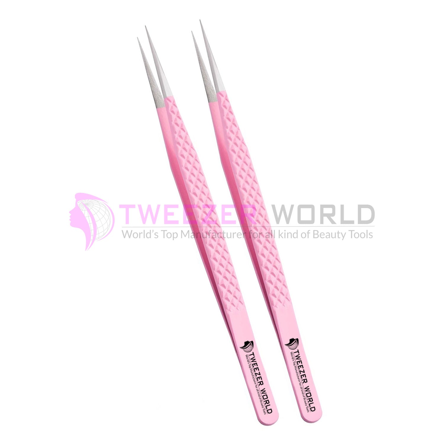 Straight Isolation Diamond Grip Pink Powder Coated Eyelash Tweezers