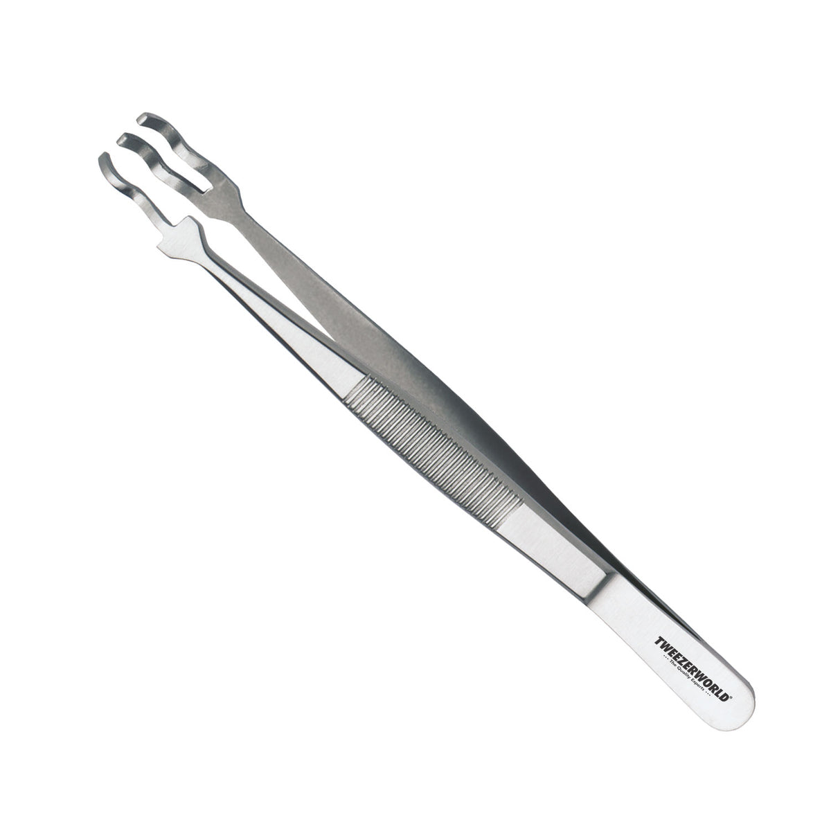 Three-prong gemstone holding tweezers with long curved claw tips and ribbed handle