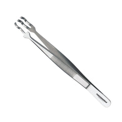 Three-prong gemstone holding tweezers with long curved claw tips and ribbed handle