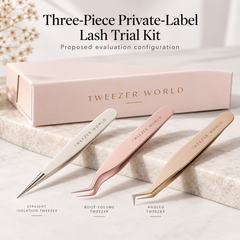 Three-Piece Private-Label Lash Trial Kit — proposed configuration (AI-generated concept illustration, not verified production product)