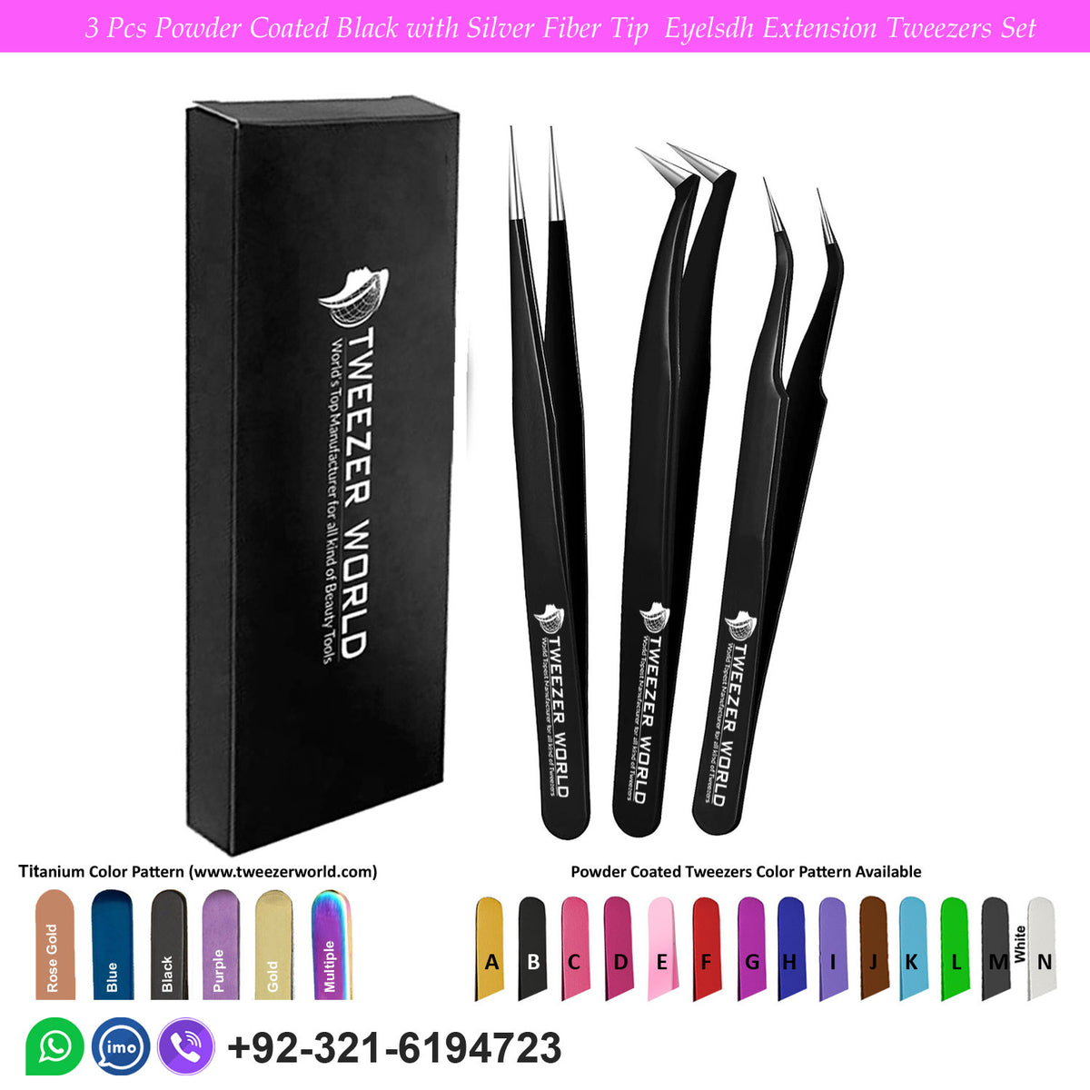 3 Pcs Powder Coated Black with Silver Fiber Tip Eyelash Extension Tweezers Set