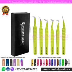 6 Pcs Powder Coated Green With Silver Fiber Tip Eyelash Extension Tweezers Set