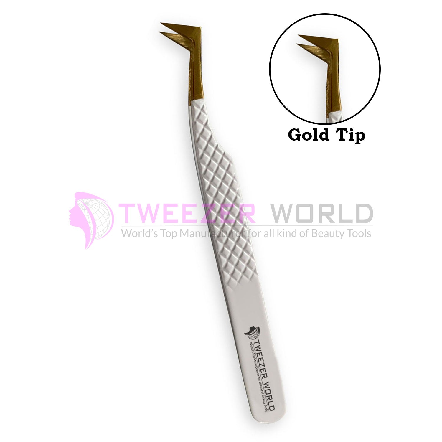 Gold Tip L-Shape Diamond Grip White Handle Best Volume Tweezers