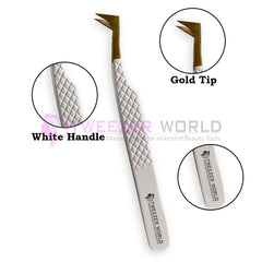 3pcs Premium Diamond Grip White Handle Gold Tip Eyelash Tweezers Set