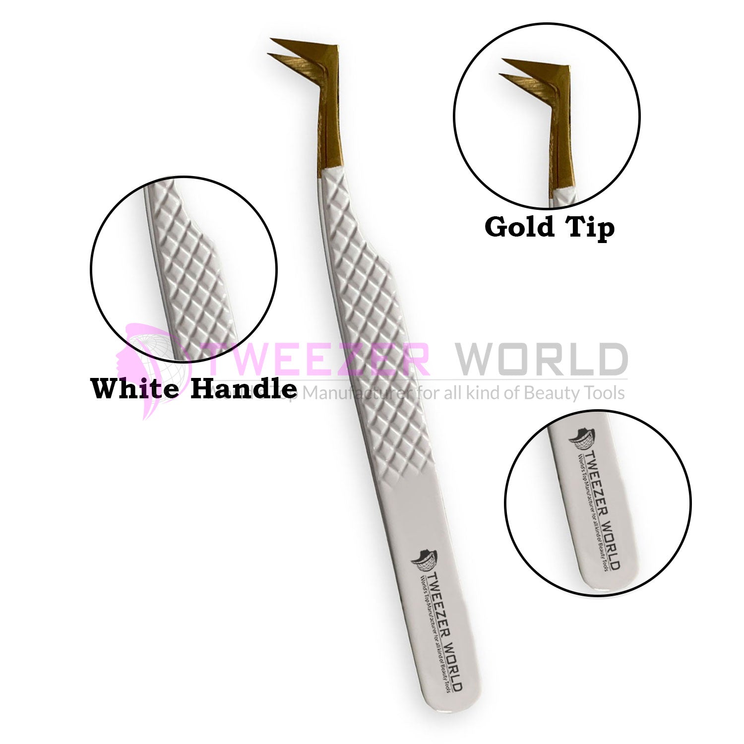 Gold Tip L-Shape Diamond Grip White Handle Best Volume Tweezers