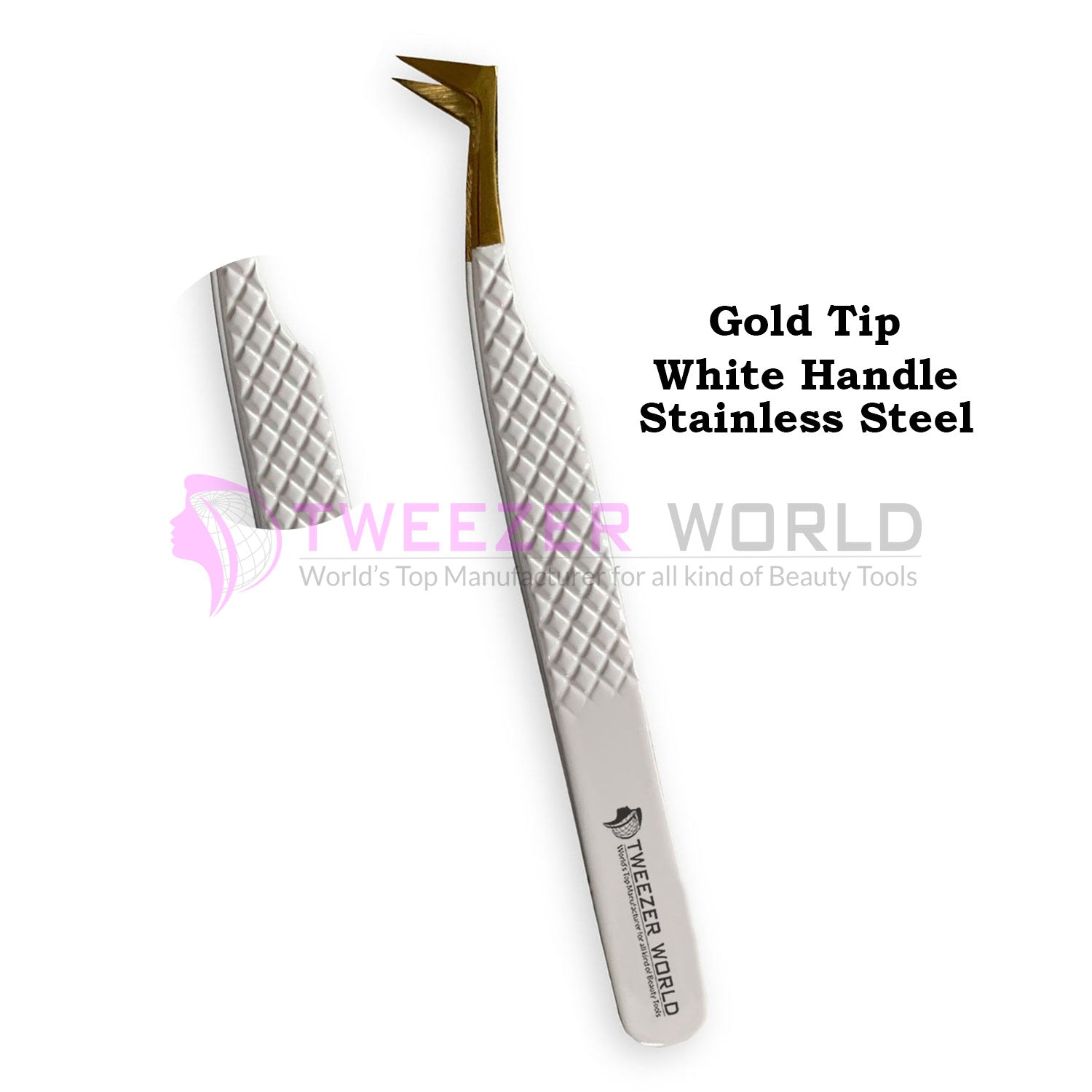 Gold Tip L-Shape Diamond Grip White Handle Best Volume Tweezers