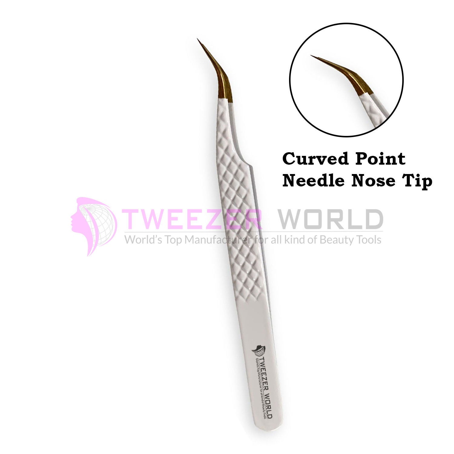 Professional Diamond Grip White Handle Gold Tip Curved Tweezers