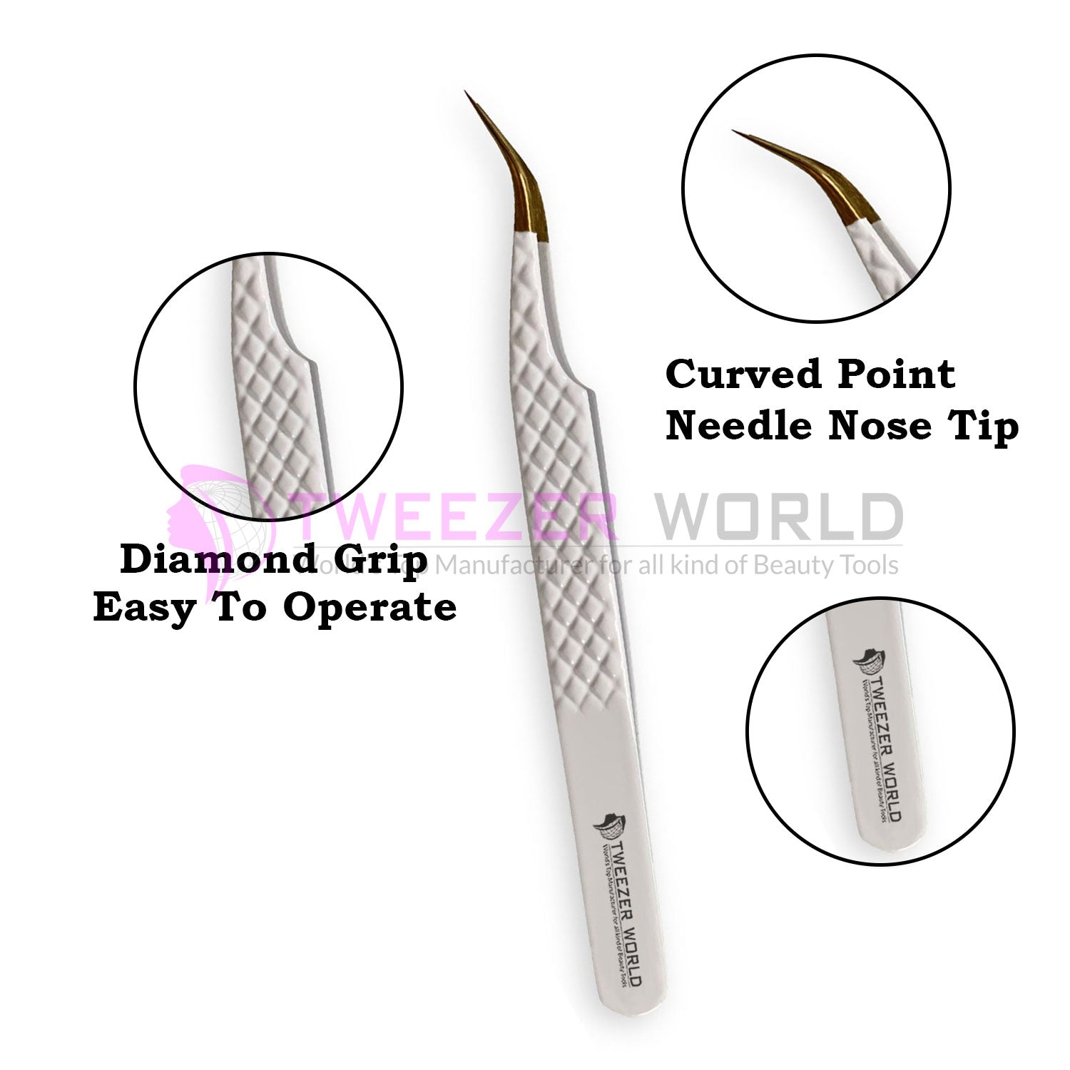 Professional Diamond Grip White Handle Gold Tip Curved Tweezers