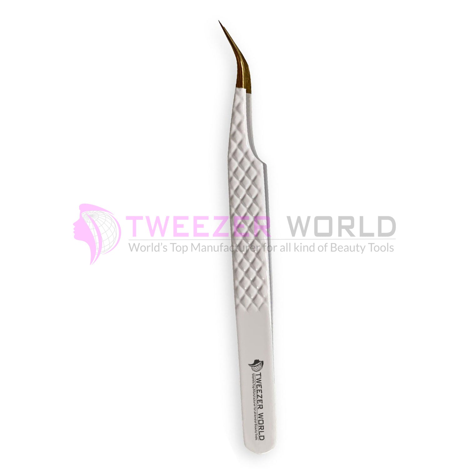 Professional Diamond Grip White Handle Gold Tip Curved Tweezers