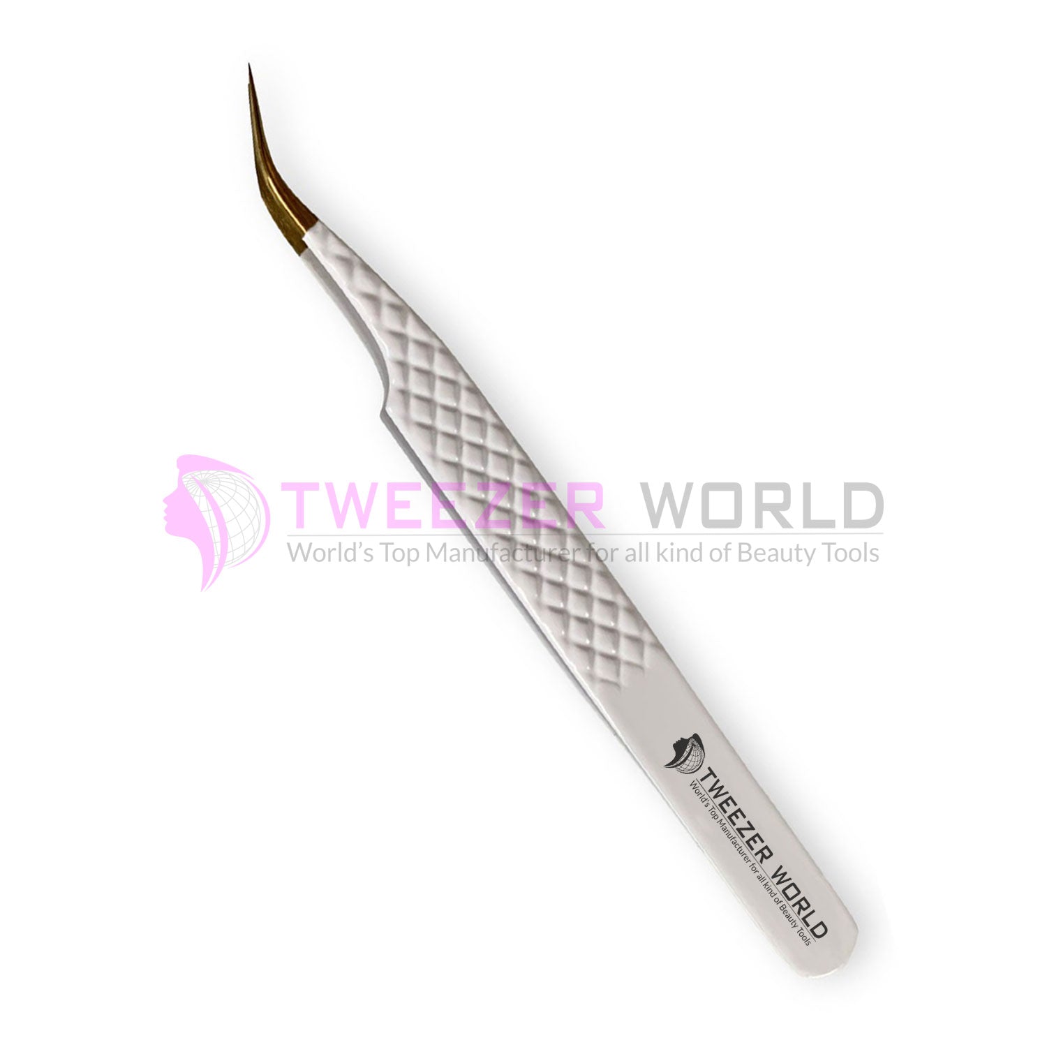 Professional Diamond Grip White Handle Gold Tip Curved Tweezers