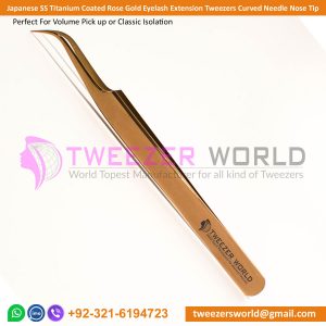 Titanium Coated Rose Gold Curved Tweezers Curved Needle Nose Tip 
