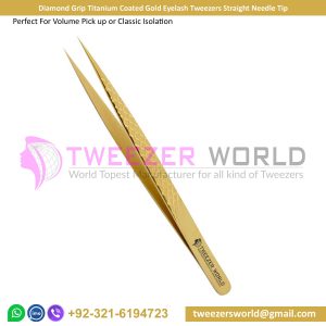Diamond Grip Titanium Coated Gold Eyelash Tweezers Straight Needle Tip