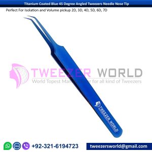 Titanium Coated Blue 45 Degree Angled Tweezers Needle Nose Tip