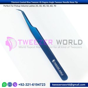 Titanium Coated Blue Tweezers, 45 Degree Angled Tweezers Needle Tip