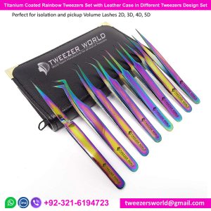 8pcs Titanium Rainbow Different Eyelash Tweezers Set with Leather Case