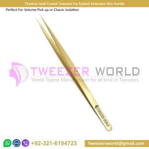 Titanium Gold Coated Tweezers For Eyelash Extension Slim Handle
