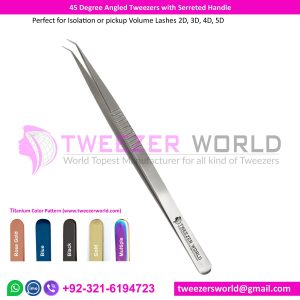 45 Degree Angled Tweezers with Serrated Handle manufacturer by tweezer world