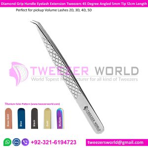 Diamond Grip Handle Eyelash Extension Tweezers 45 Degree Angled 5mm Tip 12cm Length