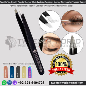 1st-World’s-Top-Quality-Powder-Coated-Black-Eyebrow-Tweezers-Slanted-Tip-Supplier-Tweezer-World