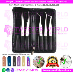 Straight, Curved and Volume 5pcs Tweezers Set Tweezers in Leather Box