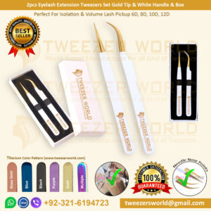 2pcs Eyelash Extension Tweezers Set Gold Tip & White Handle & Box