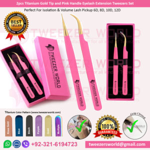 2pcs Titanium Gold Tip and Pink Handle Professional Best Eyelash Extension Tweezers Set